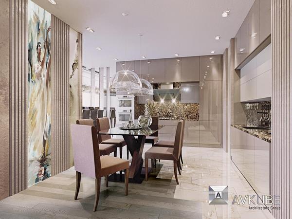 На фото – кухня, совмещенная с гостиной, изысканный современный стиль от «АвКубе»