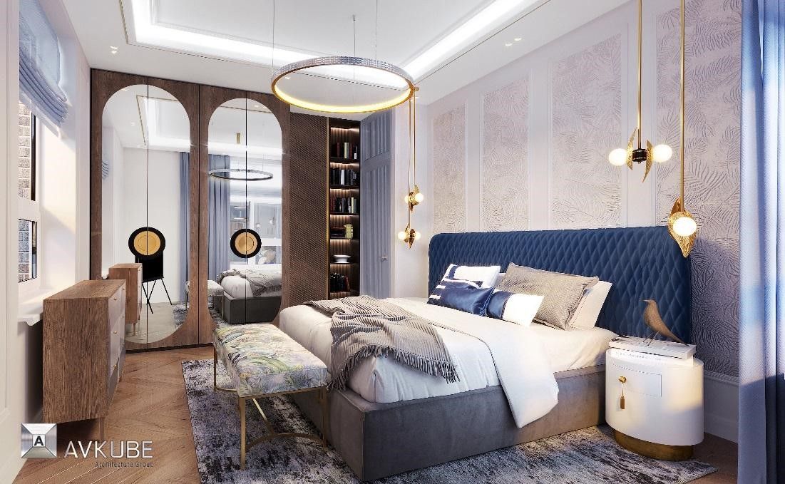 На фото — спальня в современном стиле с элементами классики, дизайн проект «АвКубе»