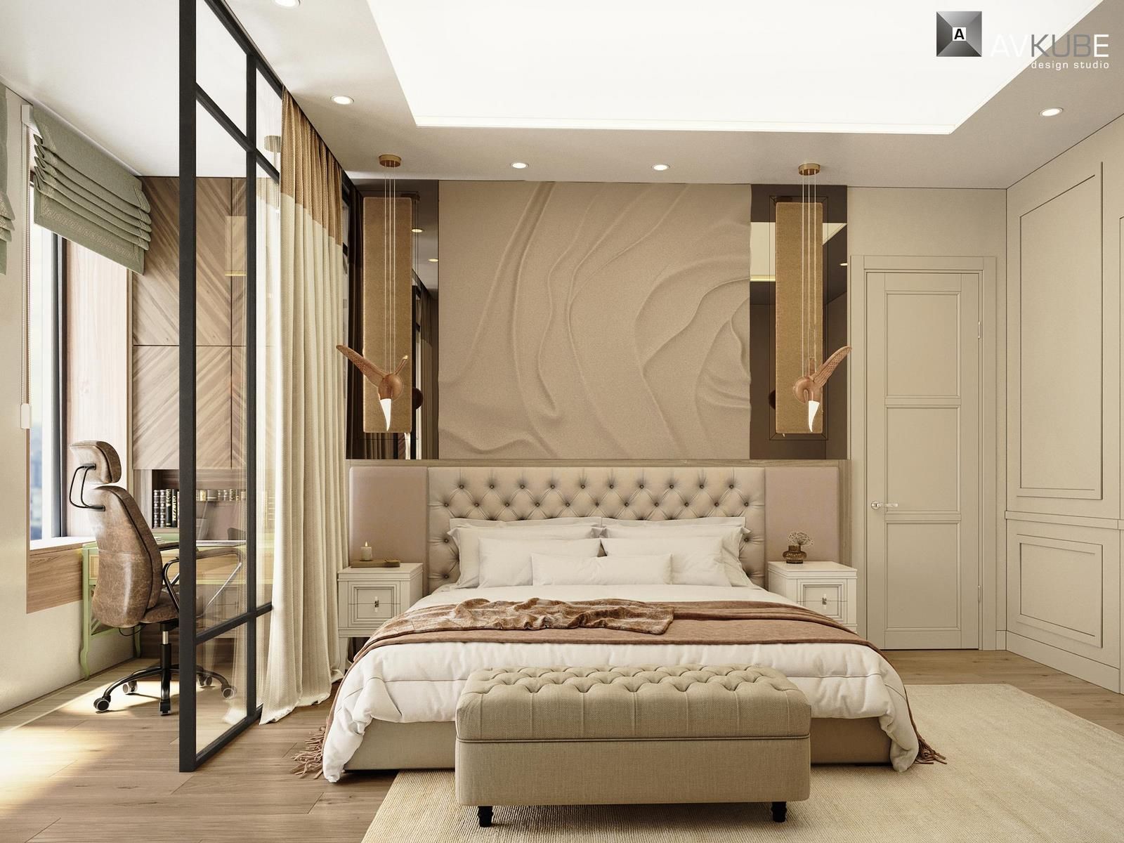 На фото – спальня в стиле прованс, отделенная перегородкой от рабочей зоны, дизайн проект «АвКубе»