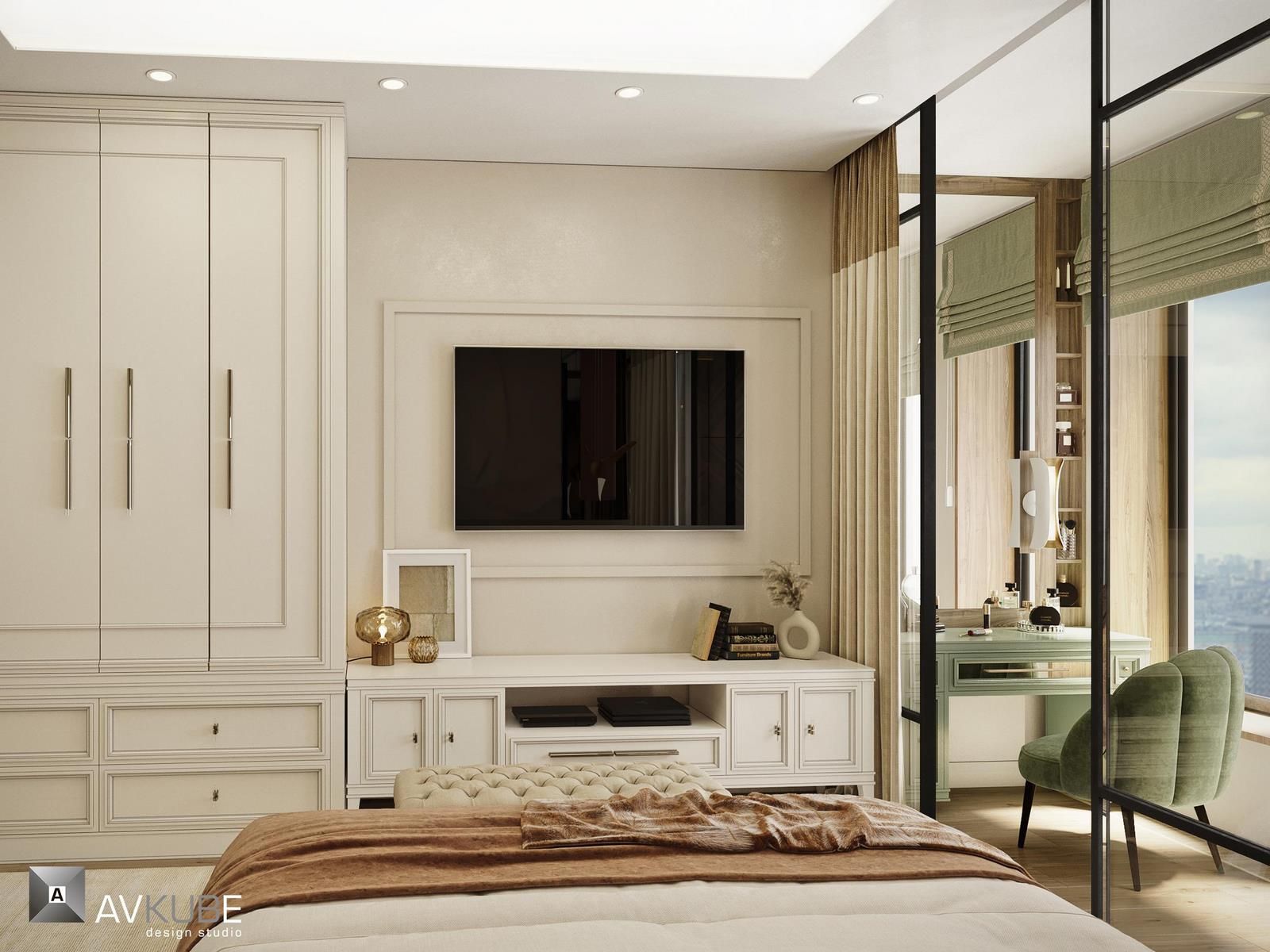 На фото – спальня в стиле прованс с рабочей зоной, дизайн проект «АвКубе»