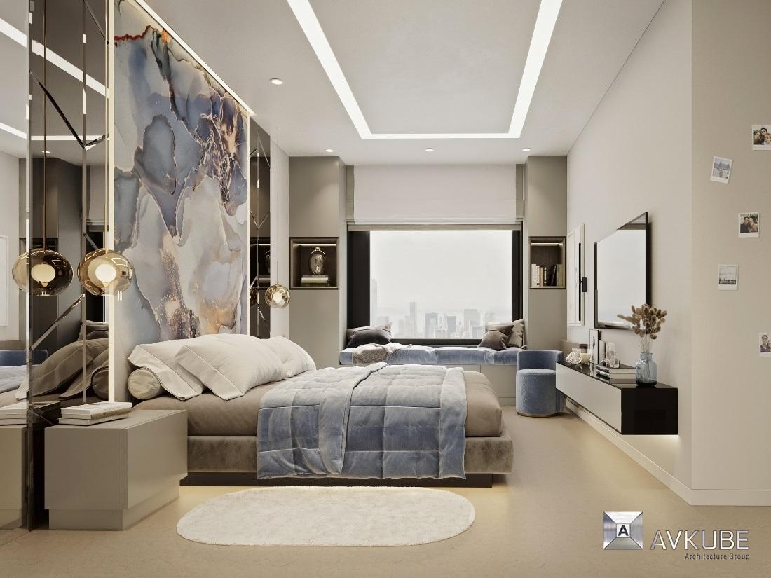 На фото — спальня в современном стиле с теплыми оттенками стен, дизайн проект «АвКубе»