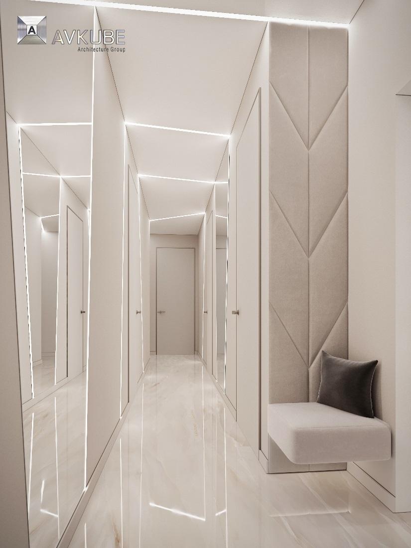 На фото — холл в современном стиле, выполненный с визуальным искривлением пространства, дизайн проект «АвКубе»