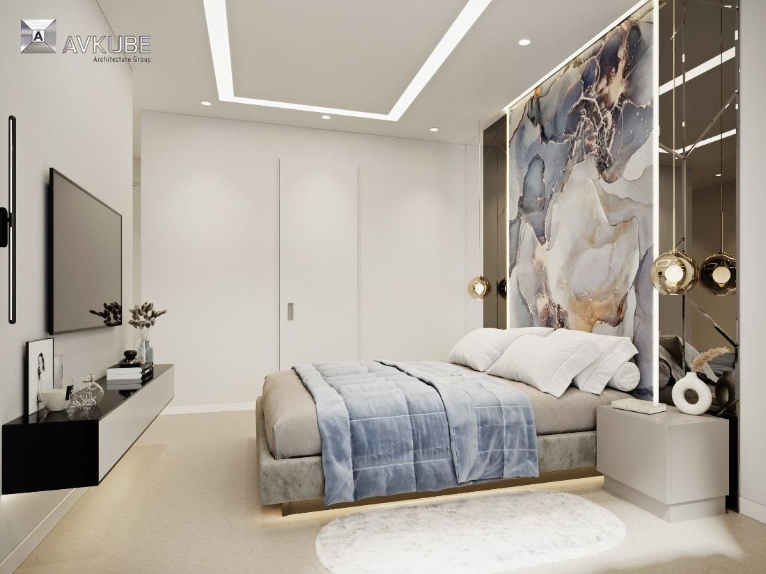 На фото — спальня, оформленная в современном стиле, с панно в изголовье кровати, дизайн проект «АвКубе»