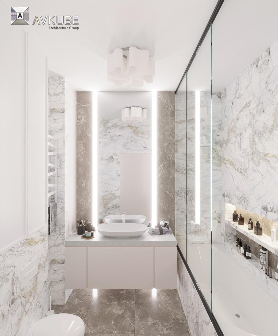 На фото — ванная, оформленная в современном стиле с отделкой керамогранитом, дизайн проект «АвКубе»