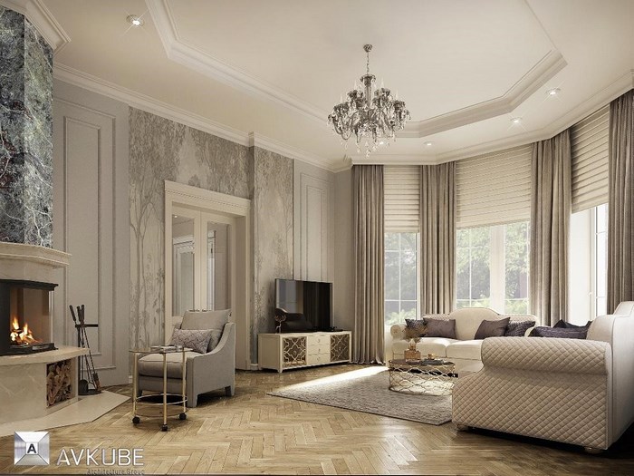 На фото — гостиная в современном классическом стиле, дизайн проект «АвКубе»