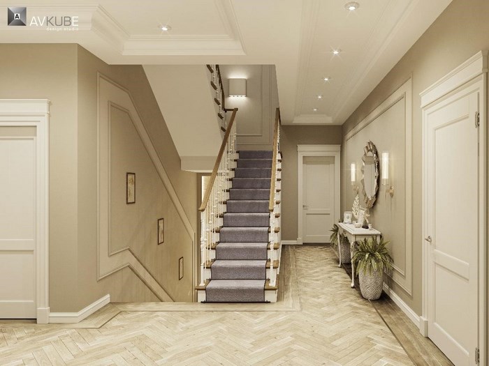 На фото — лестничный холл в современном классическом стиле, дизайн проект «АвКубе»