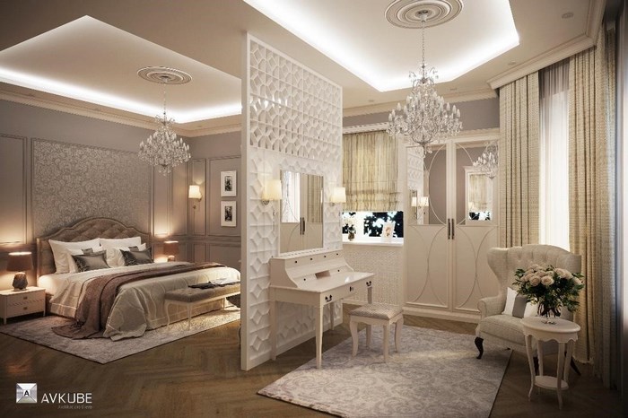 На фото — спальня в современном классическом стиле, дизайн студия «АвКубе»