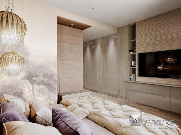 На фото спальня в современном стиле, дизайн проект «АвКубе»