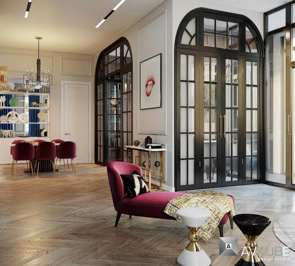 На фото – холл с гостиной в современном французском стиле