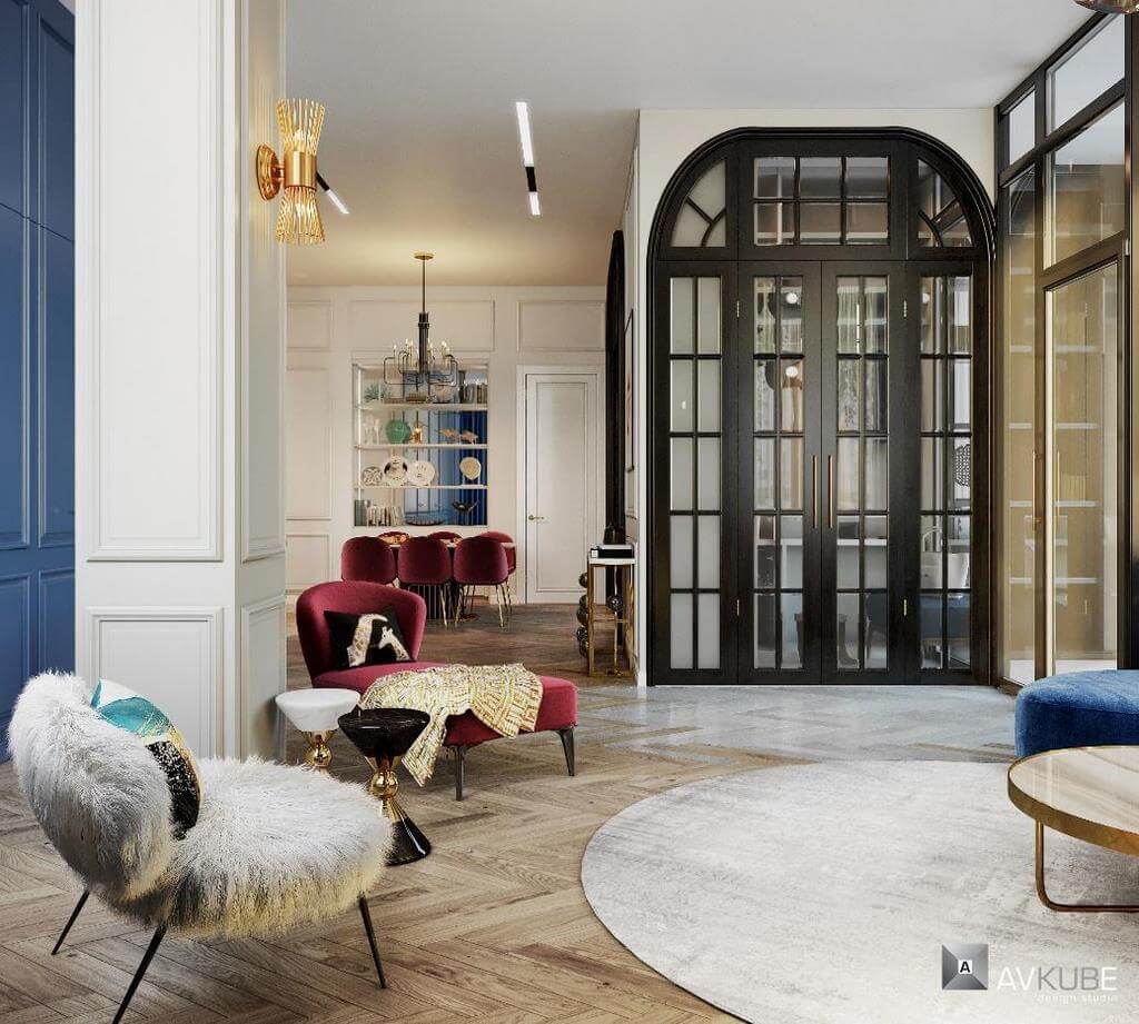 На фото – холл с гостиной в современном французском стиле, дизайн-проект «АвКубе»