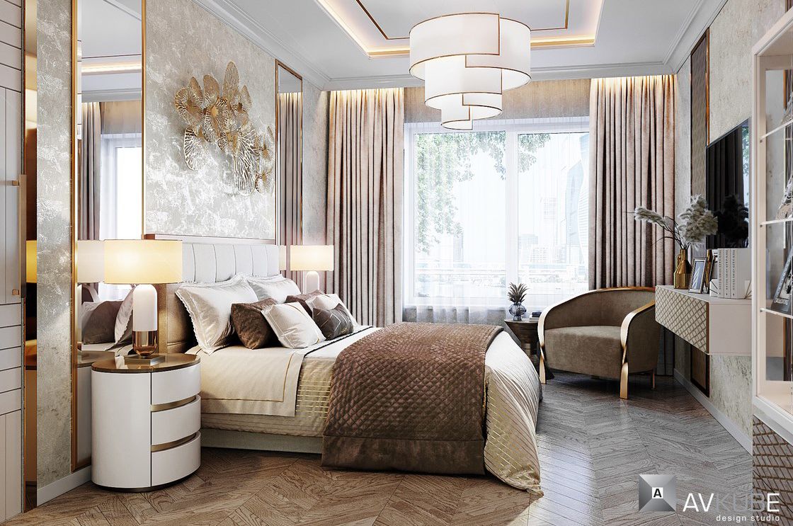 На фото: спальня в стиле современной классики с элементами ар-деко