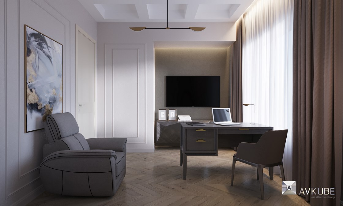 Дизайн кабинета в трехкомнатной квартире в ЖК «Медный 3.14» в Москве