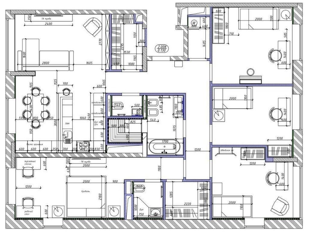 Планировка объединенной квартиры площадью 130 кв. м в ЖК «Ясный», дизайн проект «АвКубе»