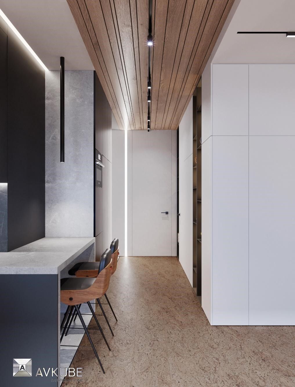 Холл-кухня в современном стиле с элементами лофта и минимализма