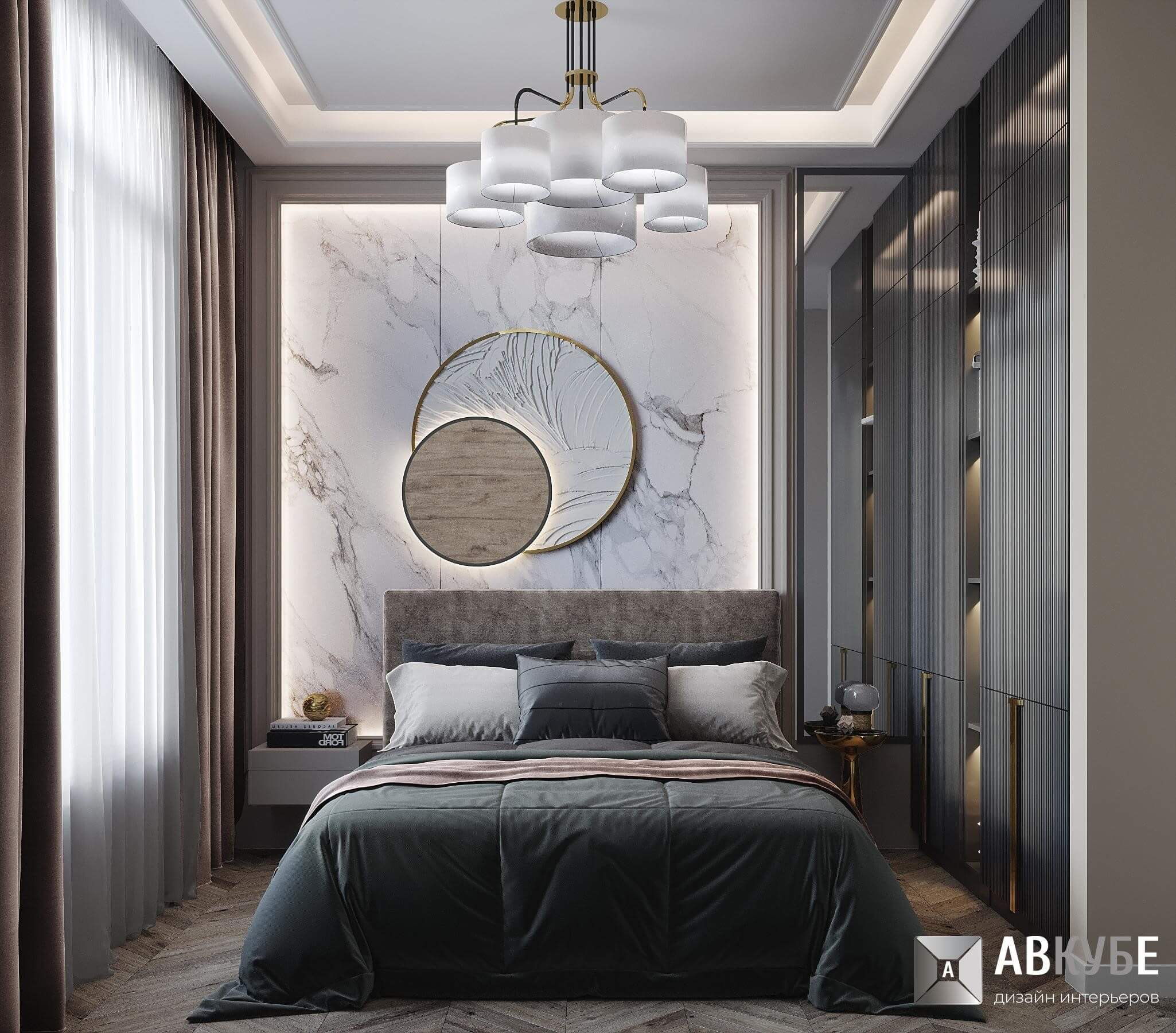 На фото — мастер-спальня в современном стиле, дизайн проект «АвКубе»