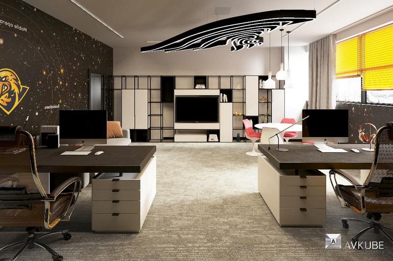 На фото — офис руководителей компании в современном стиле с подчеркнутой космической тематикой, дизайн проект «АвКубе»
