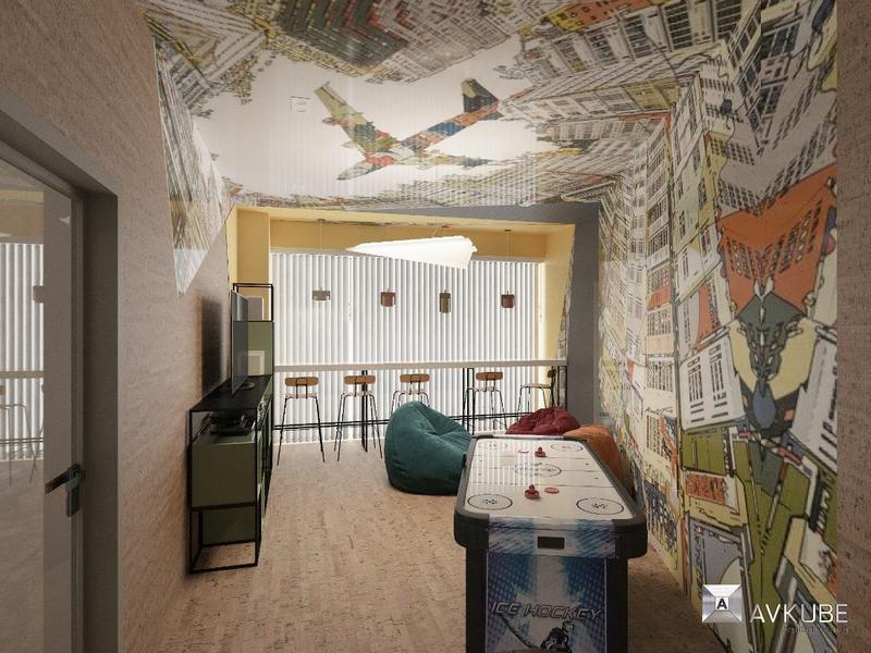 На фото — комната отдыха для сотрудников компании с шумопоглощающим материалом на стенах и полу, дизайн проект «АвКубе»