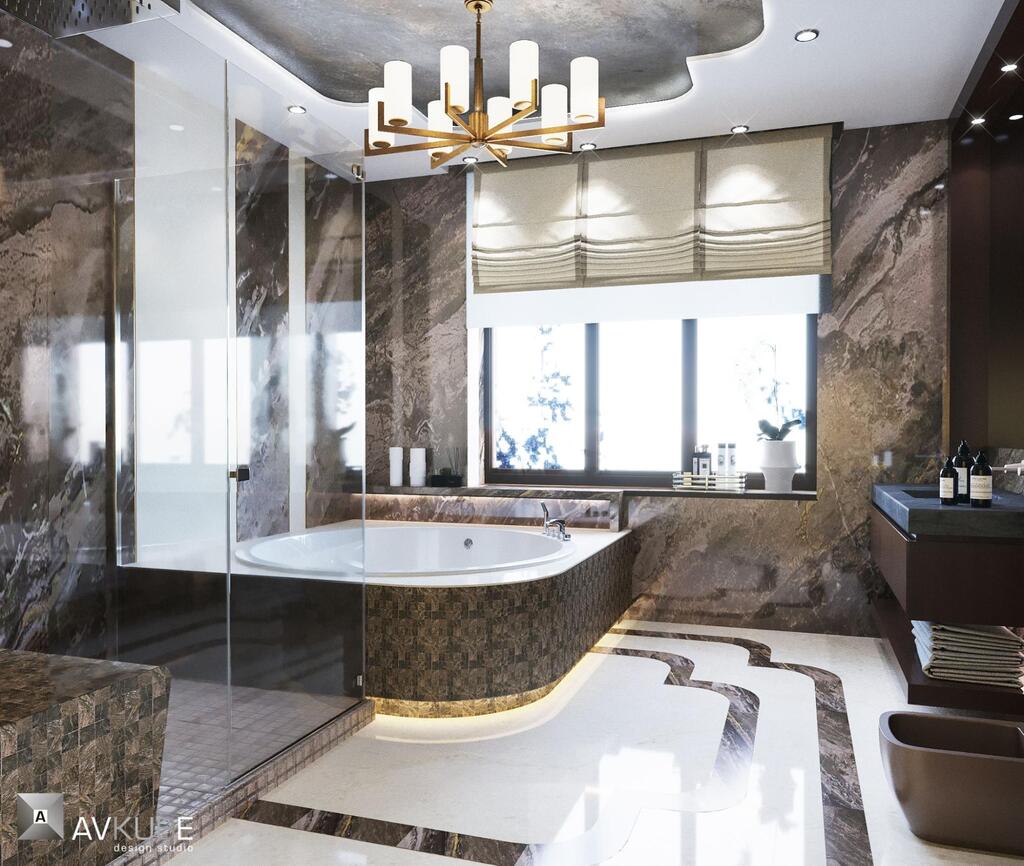 На фото — ванная комната в современном классическом стиле, дизайн проект «АвКубе»