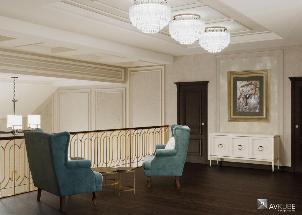 На фото — лестничный холл в современном классическом стиле, дизайн проект «АвКубе»