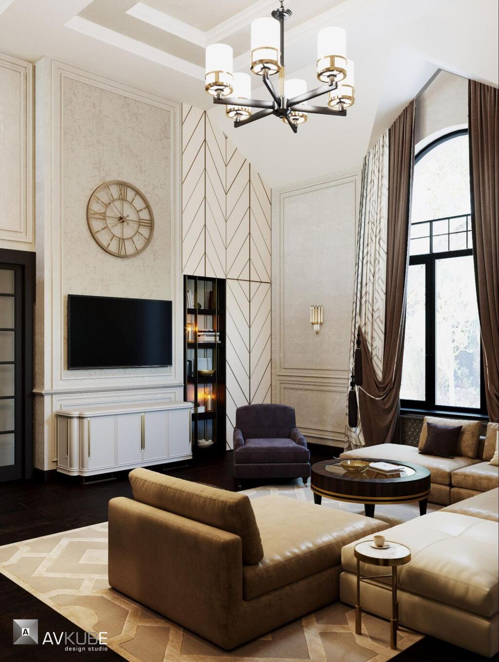 На фото — гостиная в современном классическом стиле, дизайн проект «АвКубе»