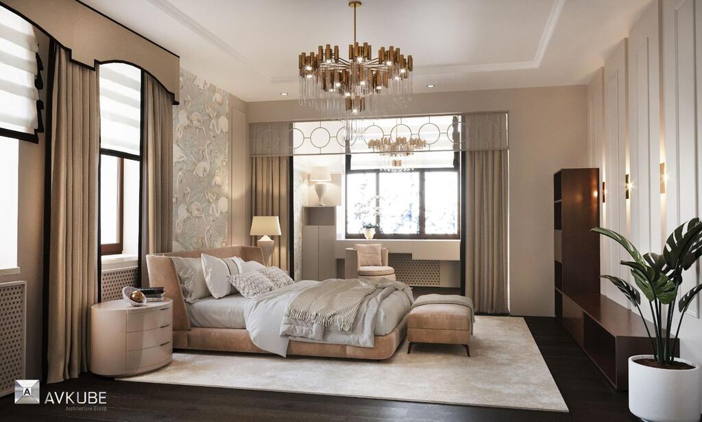 На фото — женская спальня в современном классическом стиле, дизайн проект «АвКубе»