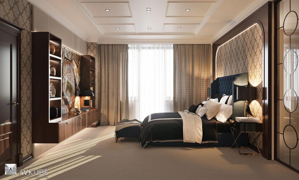 На фото — мужская спальня в современном классическом стиле, дизайн проект «АвКубе»