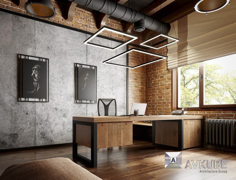 Рабочий кабинет в брутальном стиле, дизайн проект студии «АвКубе»
