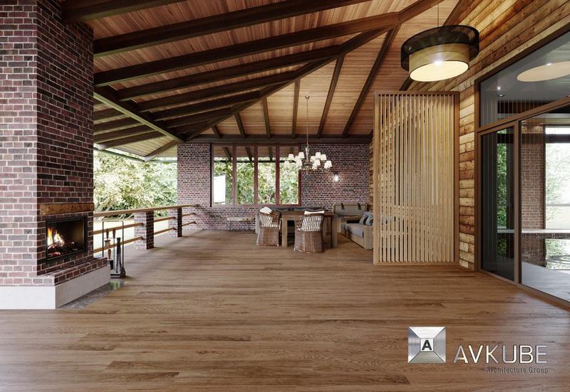 На фото — терраса в загородном доме в стиле лофт, дизайн проект «АвКубе»
