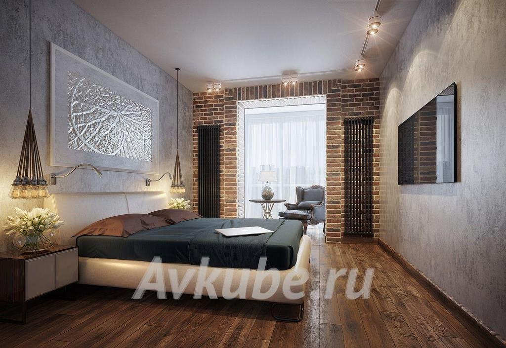 Дизайн проект «АвКубе»: серый цвет в стиле лофт в интерьере спальни