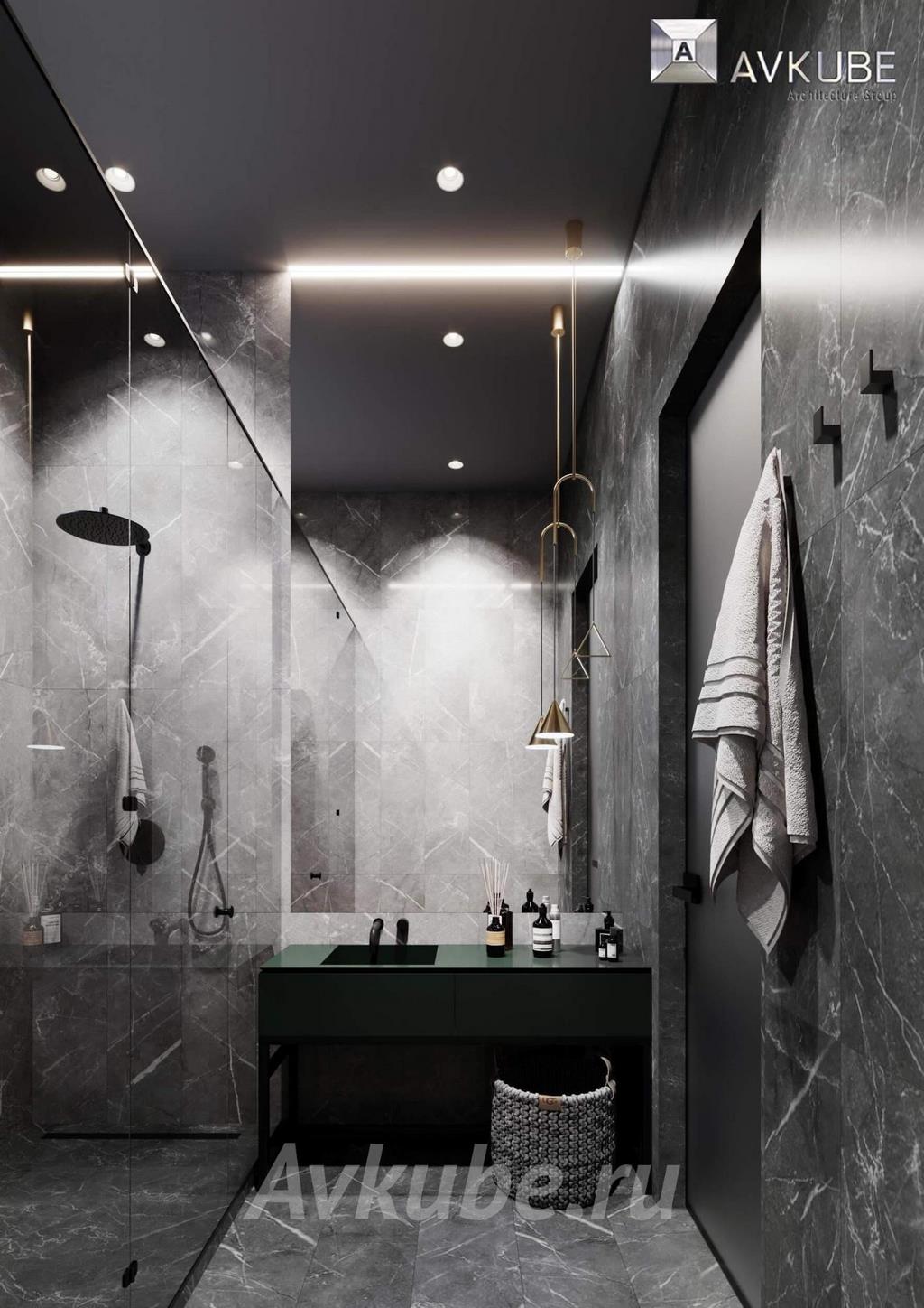Дизайн проект «АвКубе»: зеленый акцентный элемент в темно-серой ванной