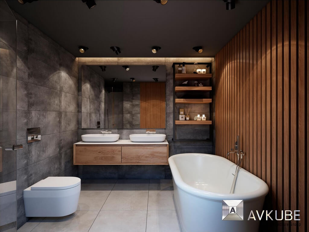 На фото — ванная в современном стиле, дизайн проект «АвКубе»
