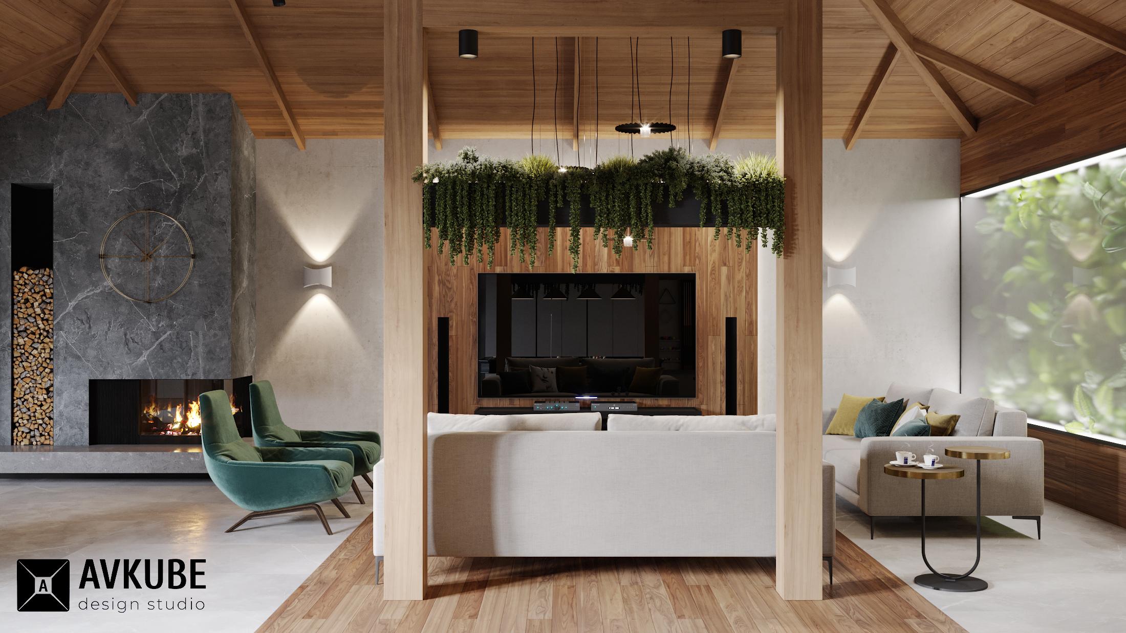 Гостиная в современном стиле в загородном доме, дизайн проект «АвКубе»