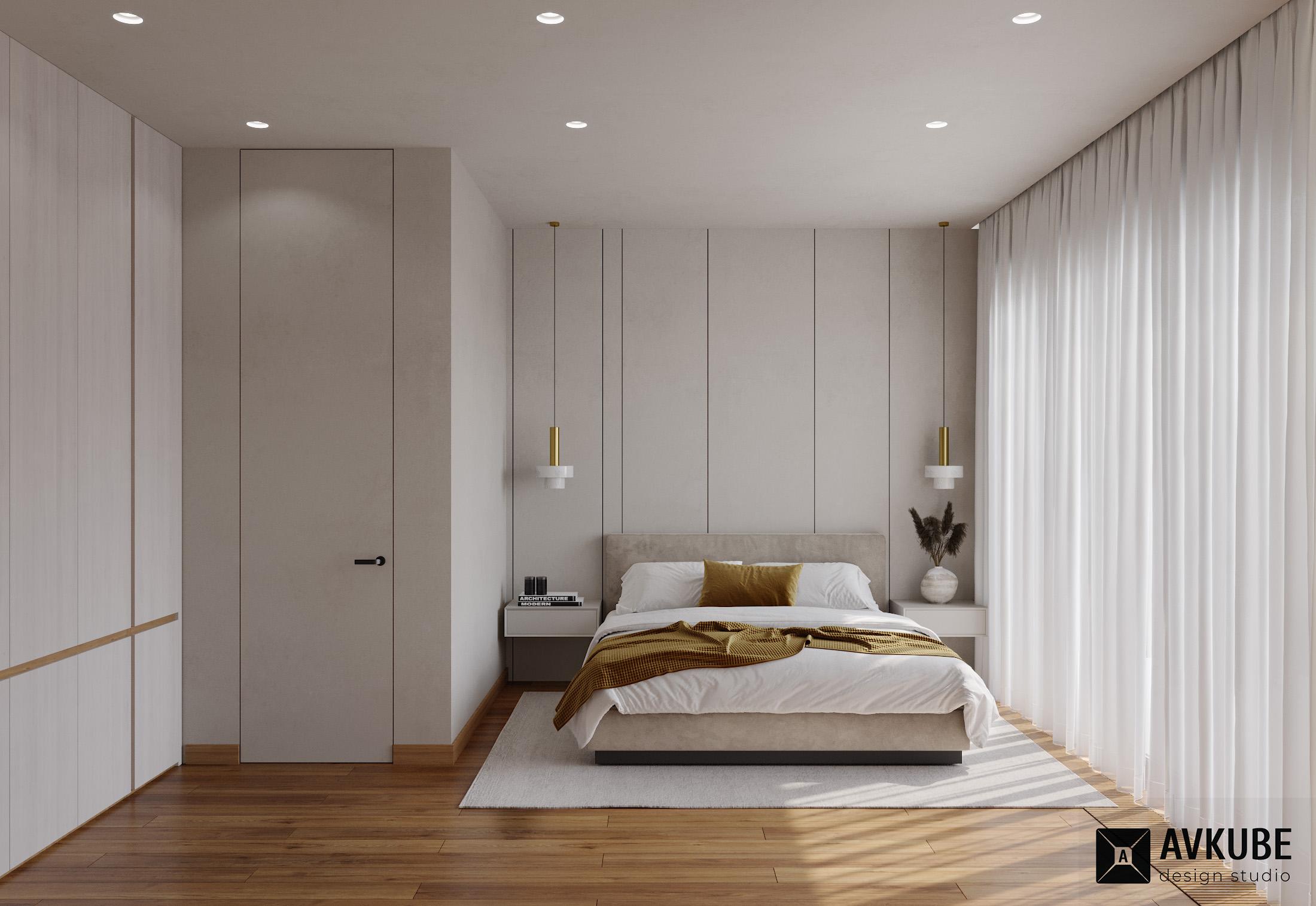Светлая спальня в современном стиле в загородном доме, дизайн проект «АвКубе»